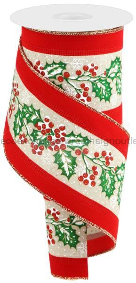 4X10Yd 3-In-1 Holly Leaves/Berry/Velvet Natural/Red/Emerald/White Rga8137 Ribbon