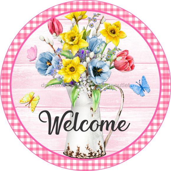 Wreath Sign, Spring Welcome Sign, Pink Floral Sign, 10