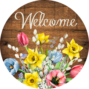 Wreath Sign, Spring Sign, Welcome Flower Sign, 12" Round Metal Sign DECOE-422, Sign For Wreath, healthypureonline - healthypureonline
