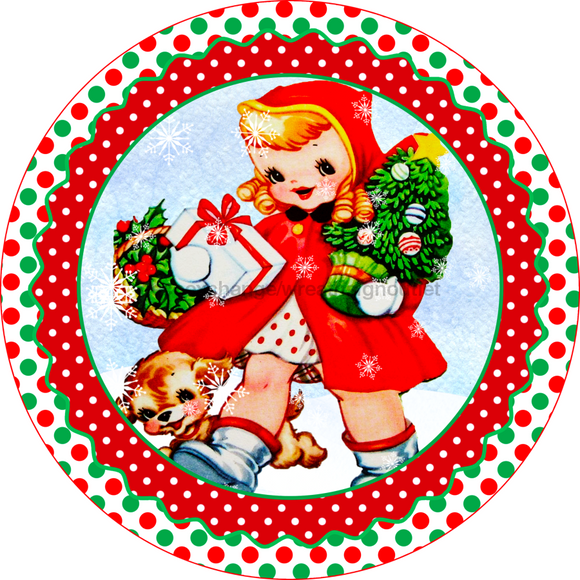 Wreath Sign, Vintage Christmas Sign, Christmas Girl, 12